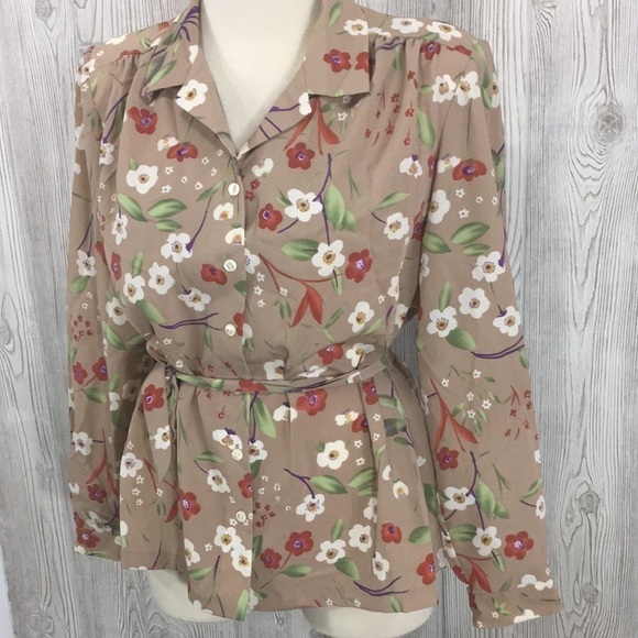Vintage Frayne Blouse Floral Beige With Tie At Waist - Picture 2 of 11